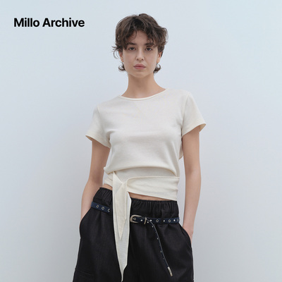 Millo Archive2025年新款T恤带子配纽扣女士纯色夏季正肩上衣短袖