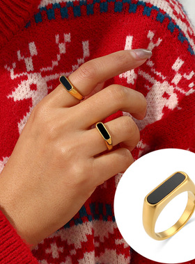 黑色钛钢戒指镀18K色金指环气质优雅首饰法式时尚夸张几何形饰品