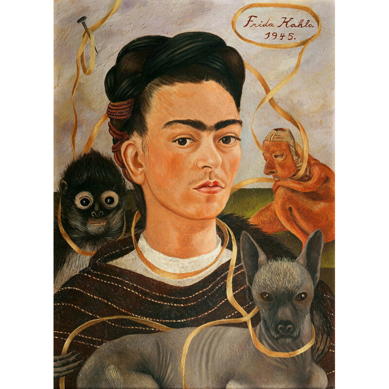 弗里达Frida Kahlo墨西哥动物油画自画像与猴子手绘复制品现代