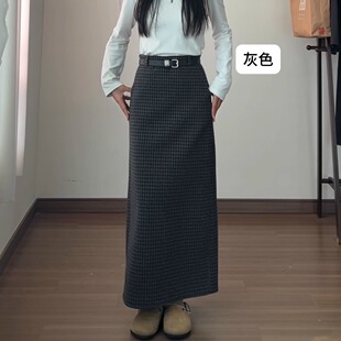 复古格子毛呢中长款直筒半身裙女秋冬高腰显瘦腰后开叉包臀一步裙