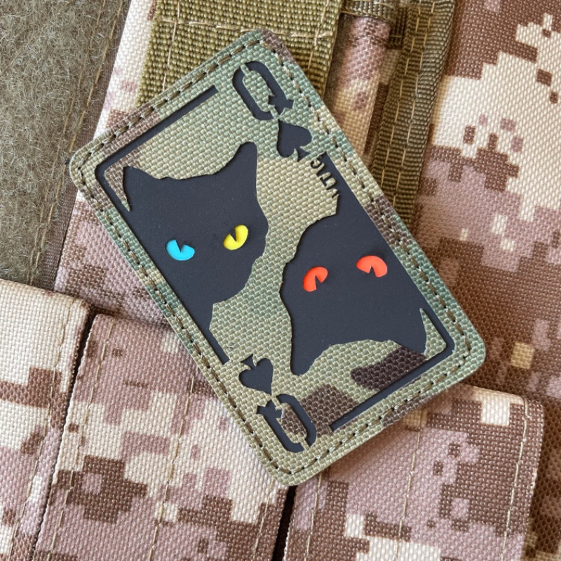 黑桃Q扑克暗黑猫咪魔术贴IR反光贴激光雕刻魔术贴军迷士气章