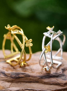 田园桂花落戒指女交织花朵925纯银国风优美手饰指环戒指