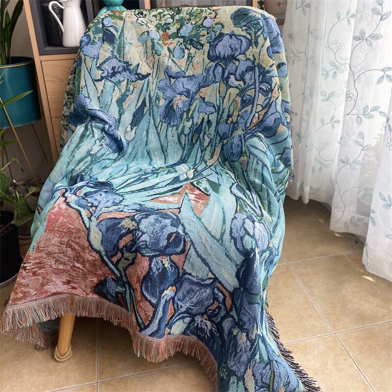 梵高经典油画风鸢尾花单人位沙发巾复古装饰盖布披毯挂布艺术桌布