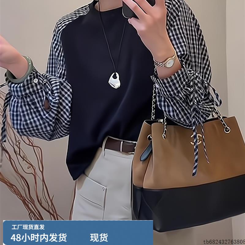 今年新款女装拼接长袖t恤2025新款秋季设计感独特漂亮减龄款上衣