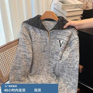 混纺编织字母提花翻领拉炼针织开衫女2025秋帆船刺绣图案外套上衣