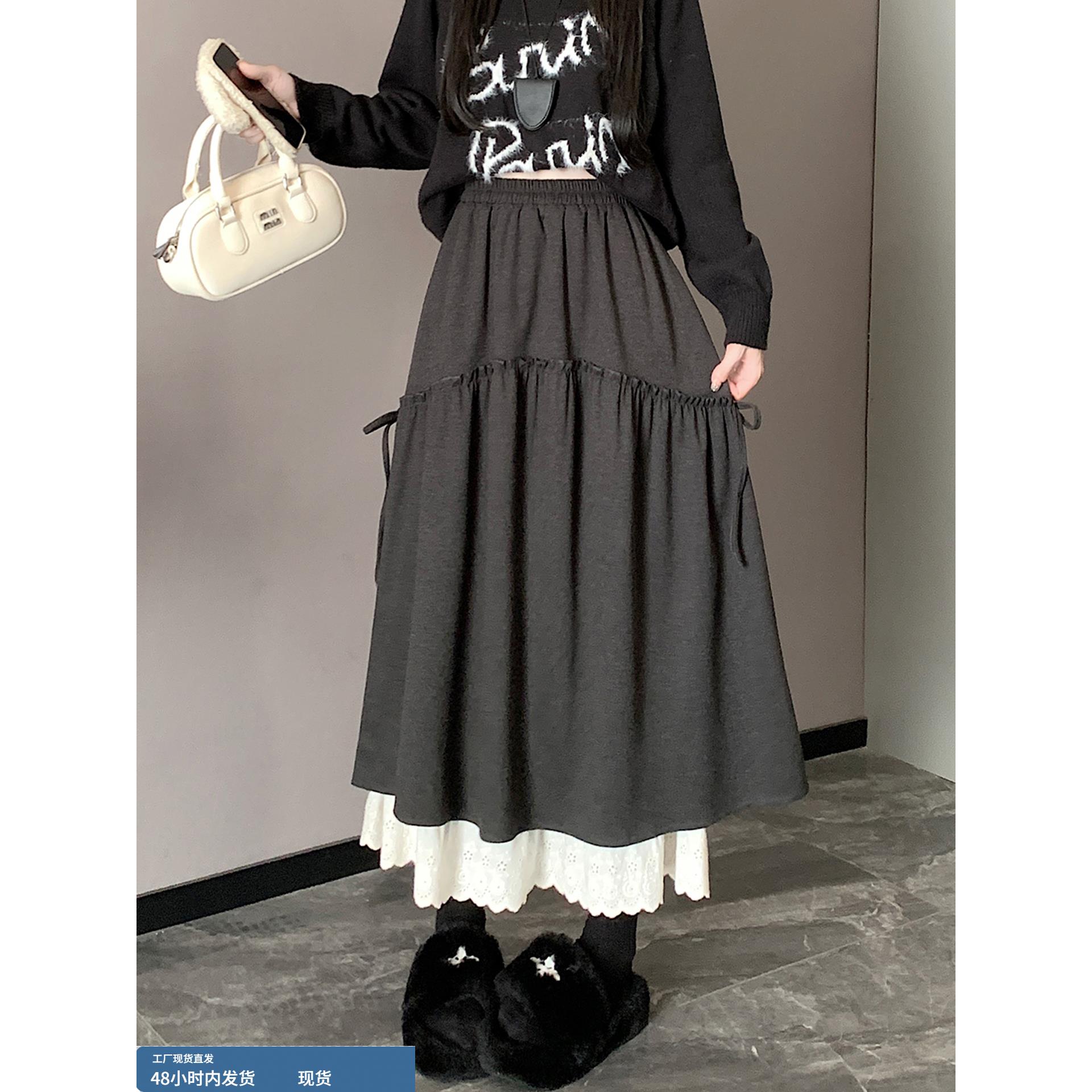 木耳花边蛋糕裙女秋冬黑色毛呢半身裙2025新款高腰a字伞裙长裙子