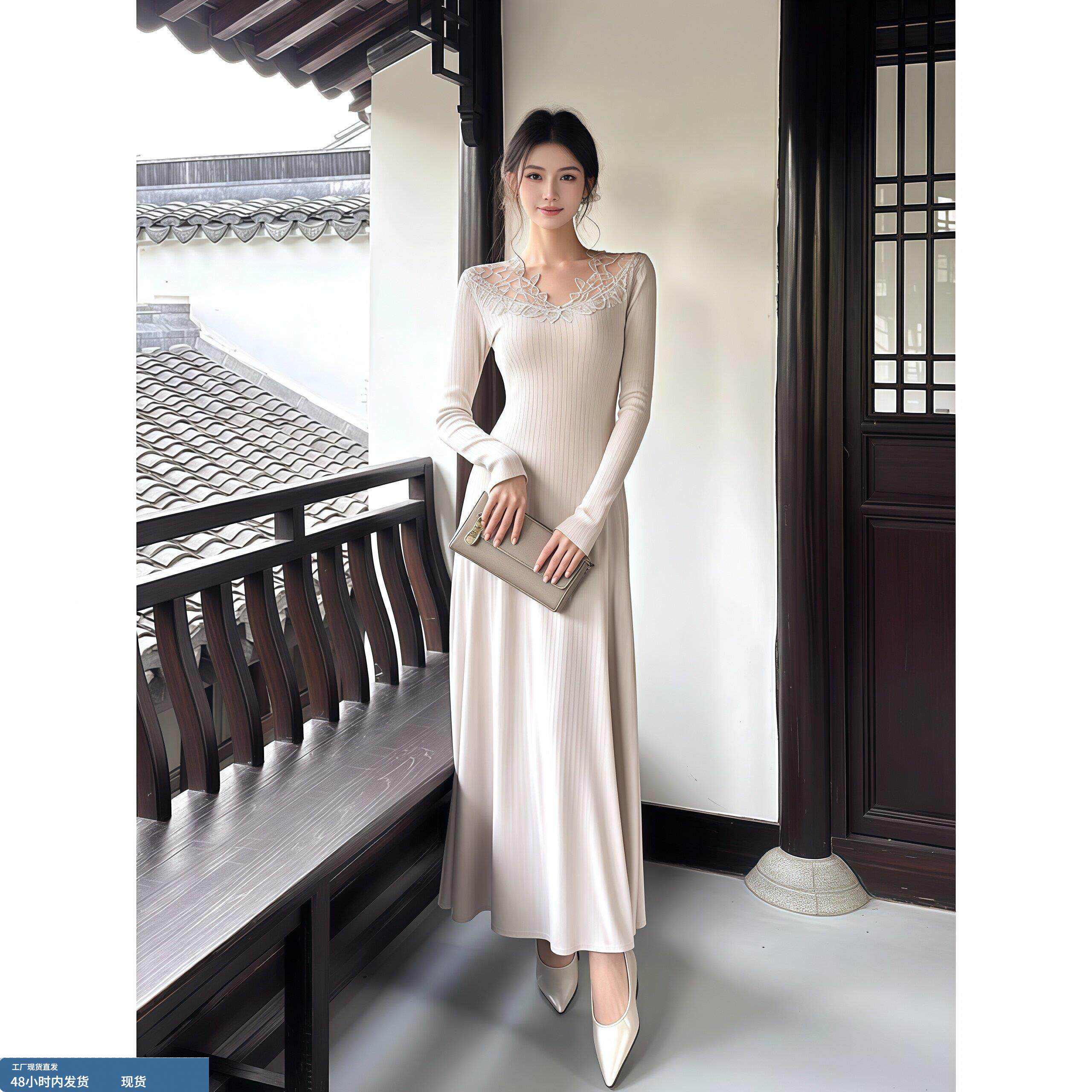 高级冷清感蕾丝拼接连衣裙女秋冬新款气质优雅风收腰显瘦包臀长裙