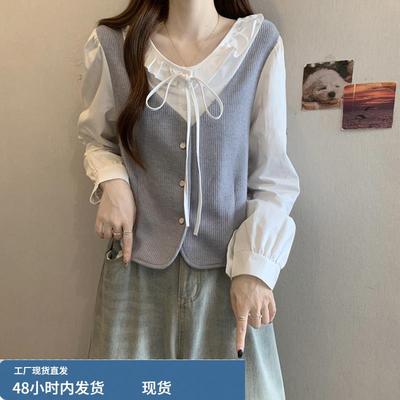 大码女装胖MM秋冬款韩系减龄款上衣时髦假两件绑带娃娃领法式衬衫