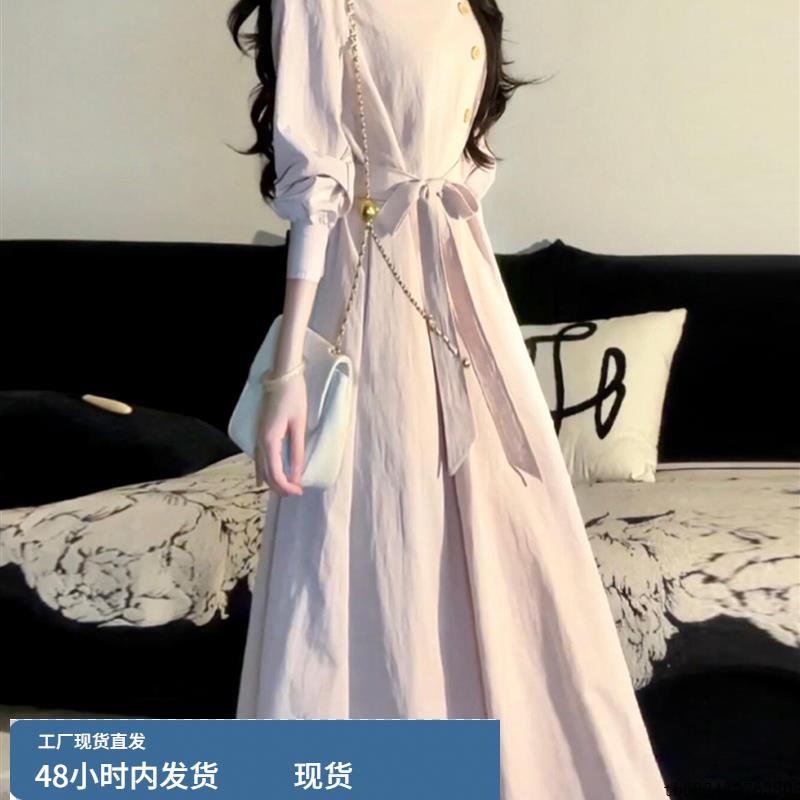 法式温柔风长袖衬衫连衣裙子女早秋季2025新款高级感收腰显瘦长裙