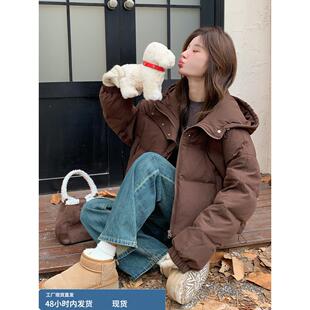 咖色连帽短款羽绒服女冬加厚2025新款爆款面包服高级感白鸭绒外套