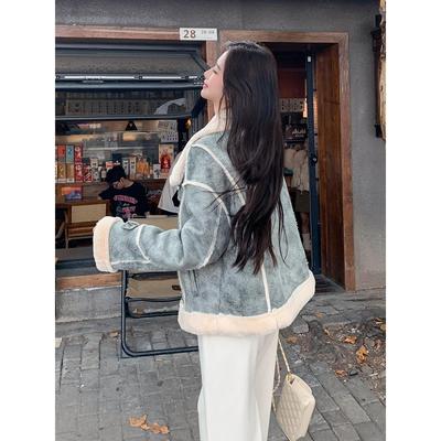 皮毛一体羊羔毛外套女秋冬加绒加厚小个子保暖时尚短款羊羔绒棉服