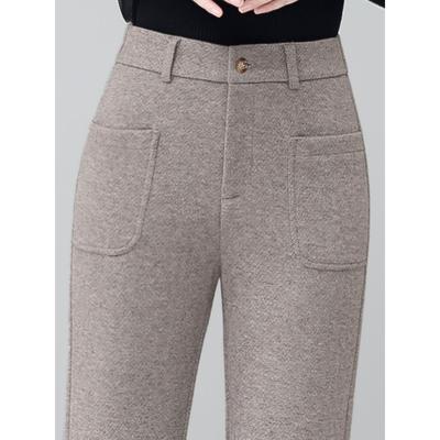 燕麦色羊绒裤子女2025新款秋冬季加厚中年妈妈松紧腰毛呢微喇叭裤