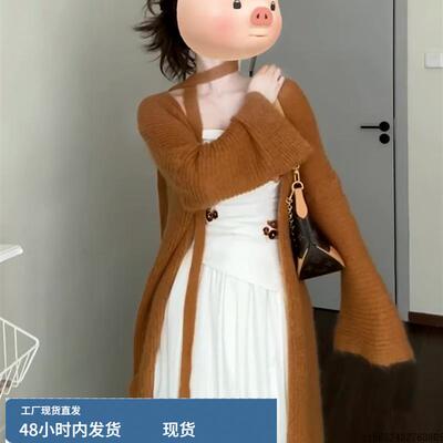 韩系棕色针织毛衣开衫外套女秋季2025新款慵懒高级感收腰显瘦上衣