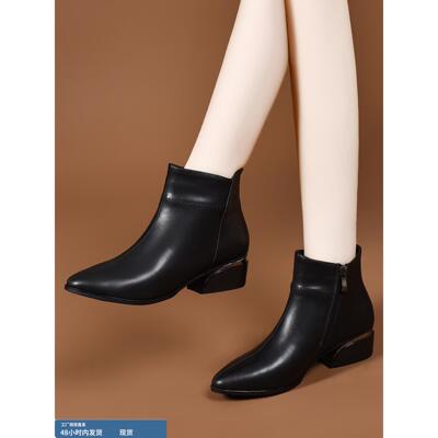 尖头短靴女2025新款秋季真皮平底单靴女款软皮靴子秋冬款加绒皮鞋