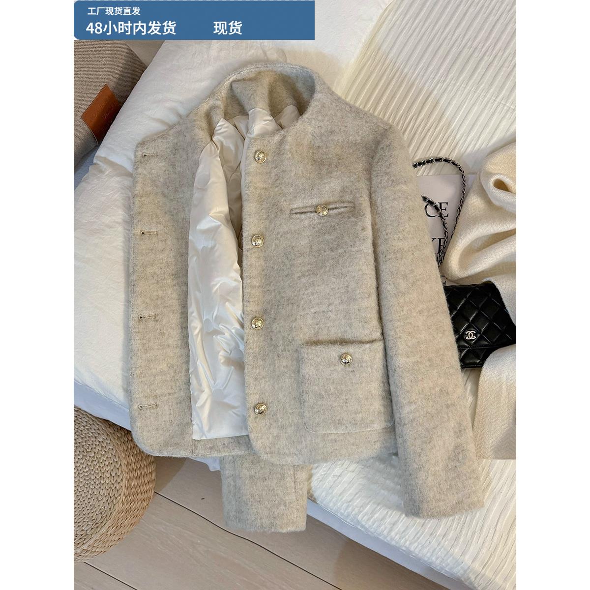 米色简约超好看羽绒内里小香风毛呢短外套女2025冬季新款通勤上衣