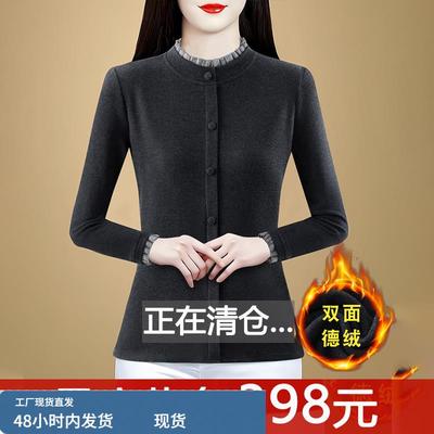 灰色双面德绒上衣女装长袖磨毛内搭t恤春秋冬新款妈妈保暖打底衫