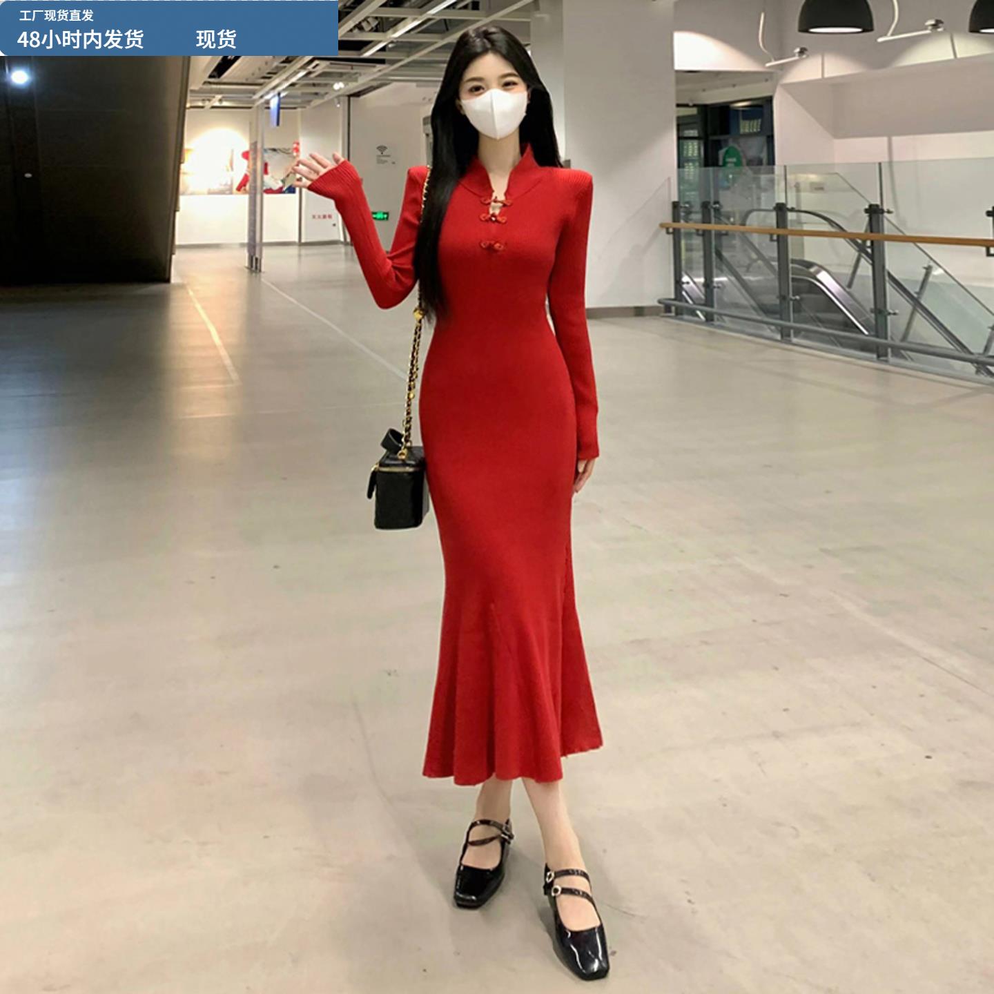 大码秋装新中式改良旗袍设计感气质显瘦大方得体绝美针织连衣裙子