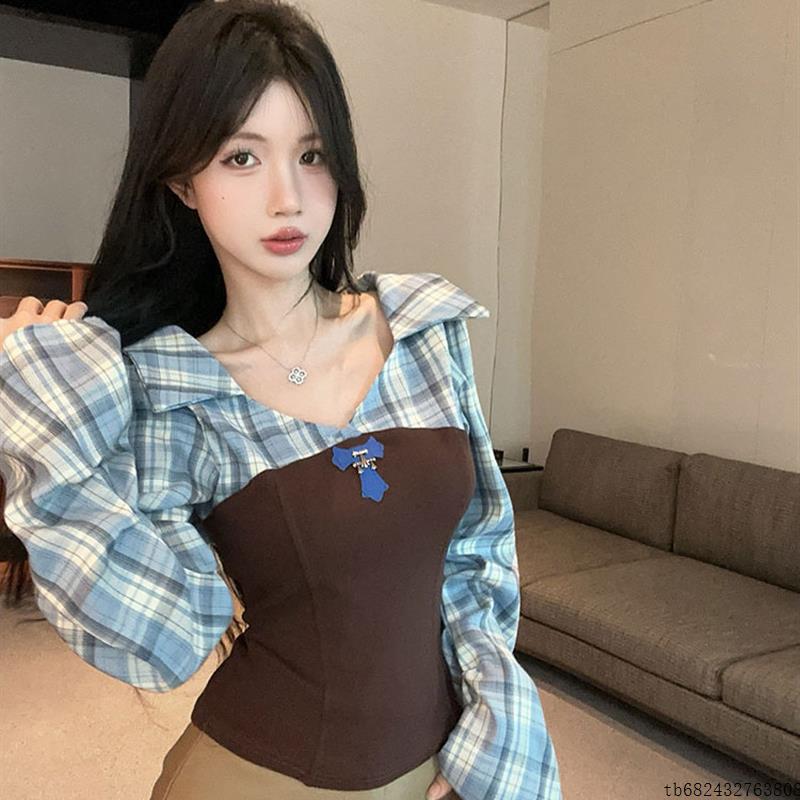 长袖格子拼接修身高级小众不撞款衬衫韩系chic别致上衣衬衣女款
