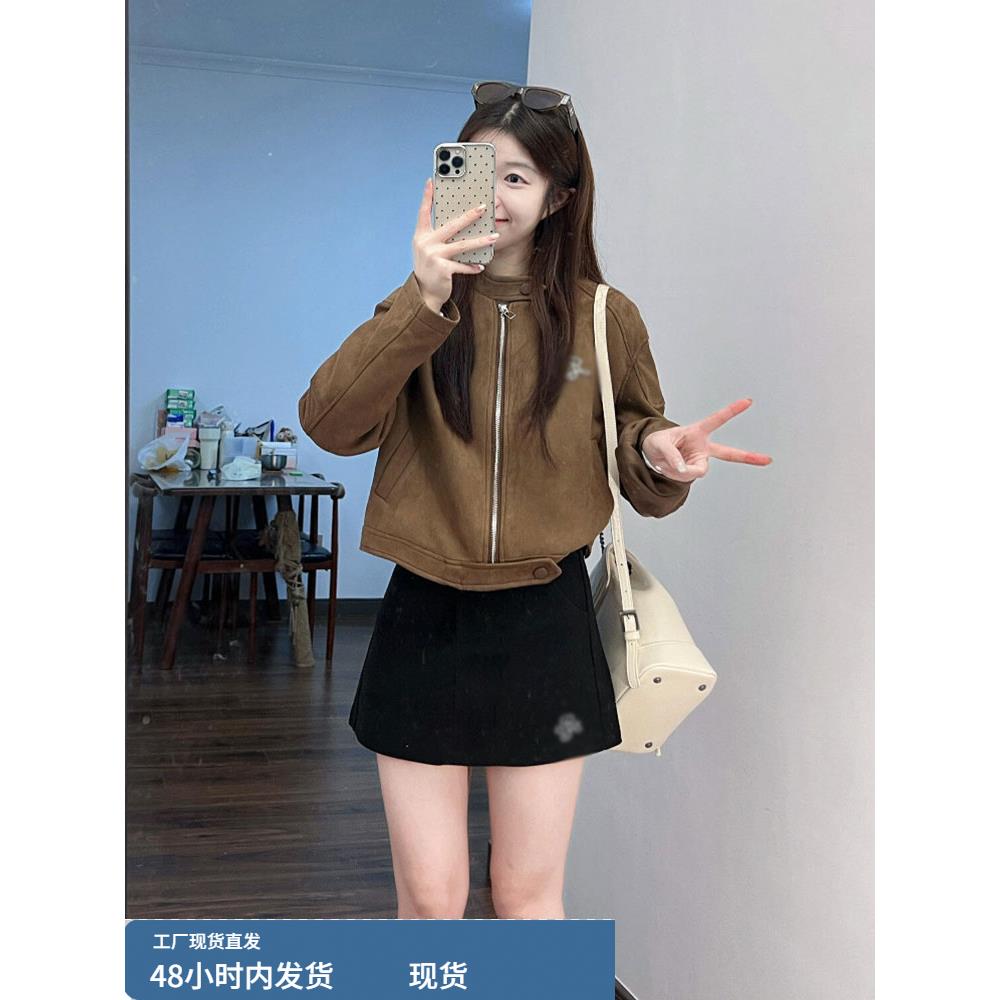 美式覆古麂皮绒外套女秋冬新款小个子休闲百搭短款飞行服夹克上衣