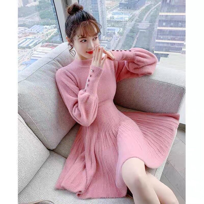 秋装高级感小个子显高粉色针织连衣裙时尚减龄设计感打底毛衣裙冬