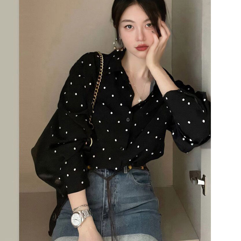 黑色波点雪纺衬衫女长袖2026春秋复古设计感高级法式小众独特上衣