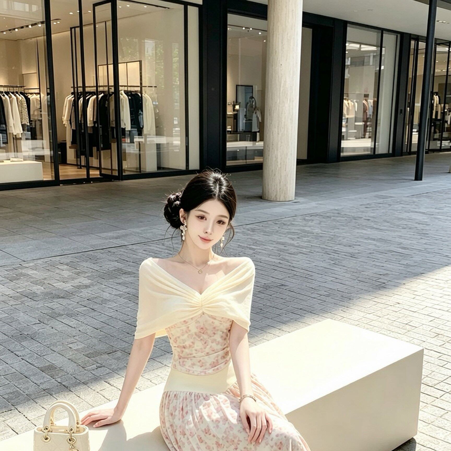 法式风浪漫修身显瘦设计感甜美一字肩碎花上衣半身大摆长裙两件套