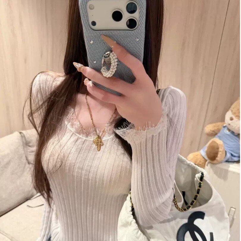 秋冬新款纯欲风天菜拼接蕾丝长袖针织衫女气质修身显瘦百搭上衣