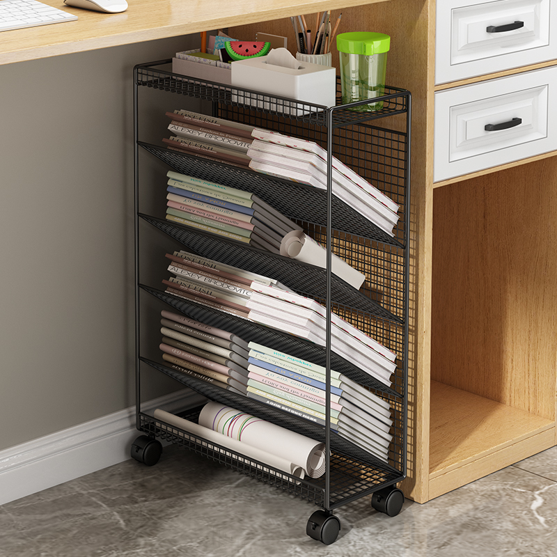 速发书桌旁动书架收纳阅读架桌边带轮移小置物下落地桌架简易书柜