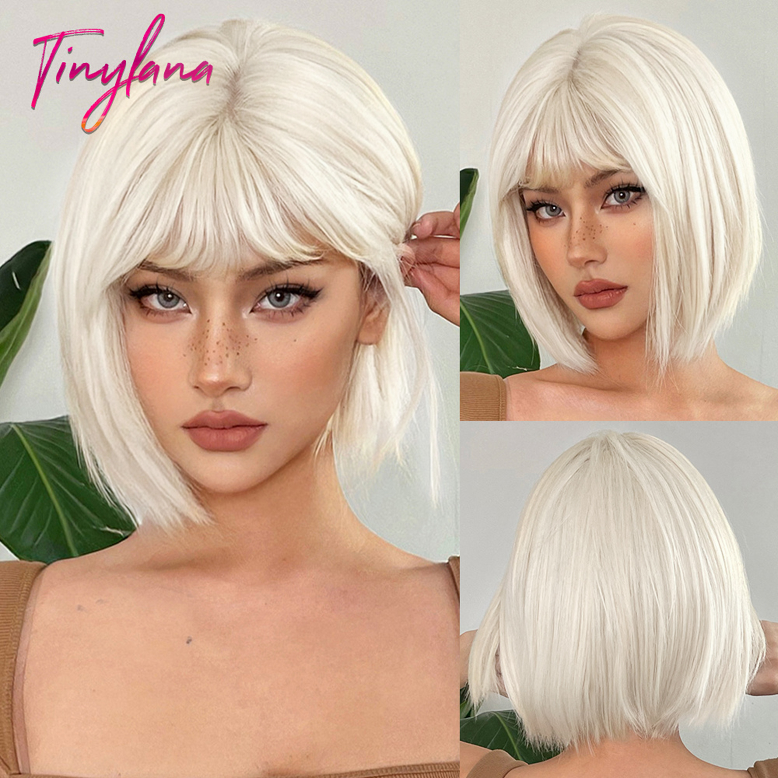 Platinum Blonde Short Bob Synthetic Hair Wigs with Bangs