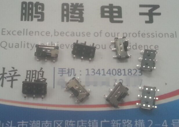 台湾原装 贴片双排6脚2档滑动开关 2P2T BD6J2D 微型滑动带柱开关