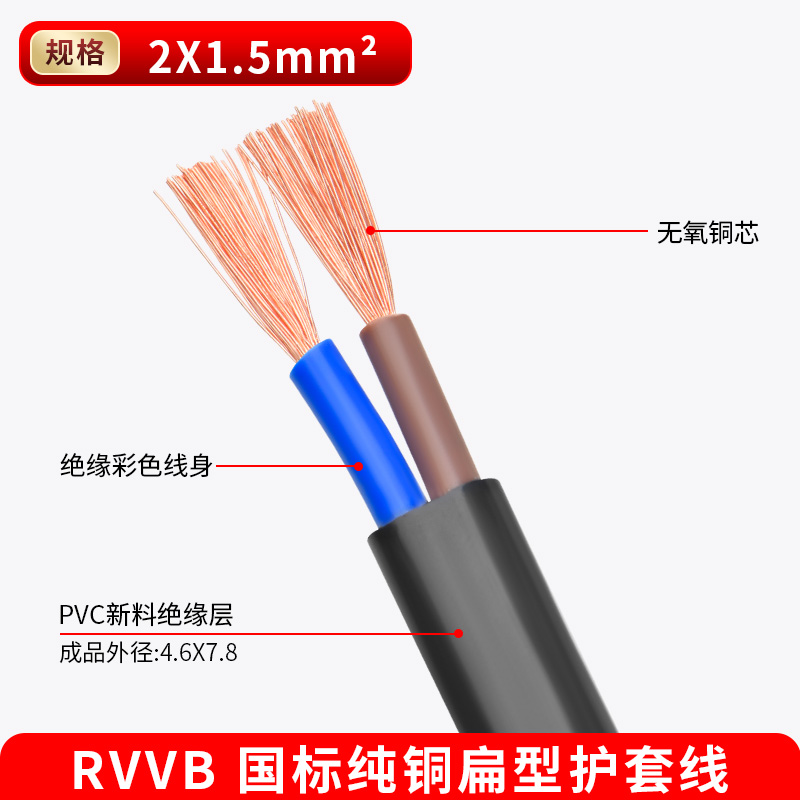 国标RVVB家用白色黑色护套线2芯0.5 0.751.5 2.5V平方软平行电源