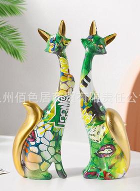 爆款水转印狐狸创意摆件热销北欧风树脂家居橱窗客厅桌面装饰工艺