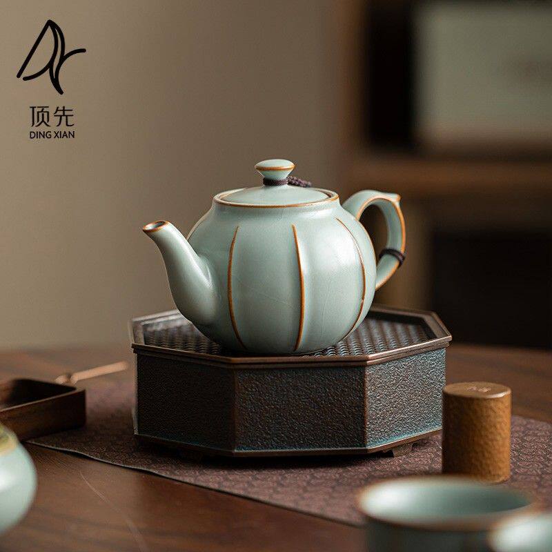 顶先古道源仿宋汝窑瓜棱壶陶瓷茶壶泡茶壶手工开片可养A6588