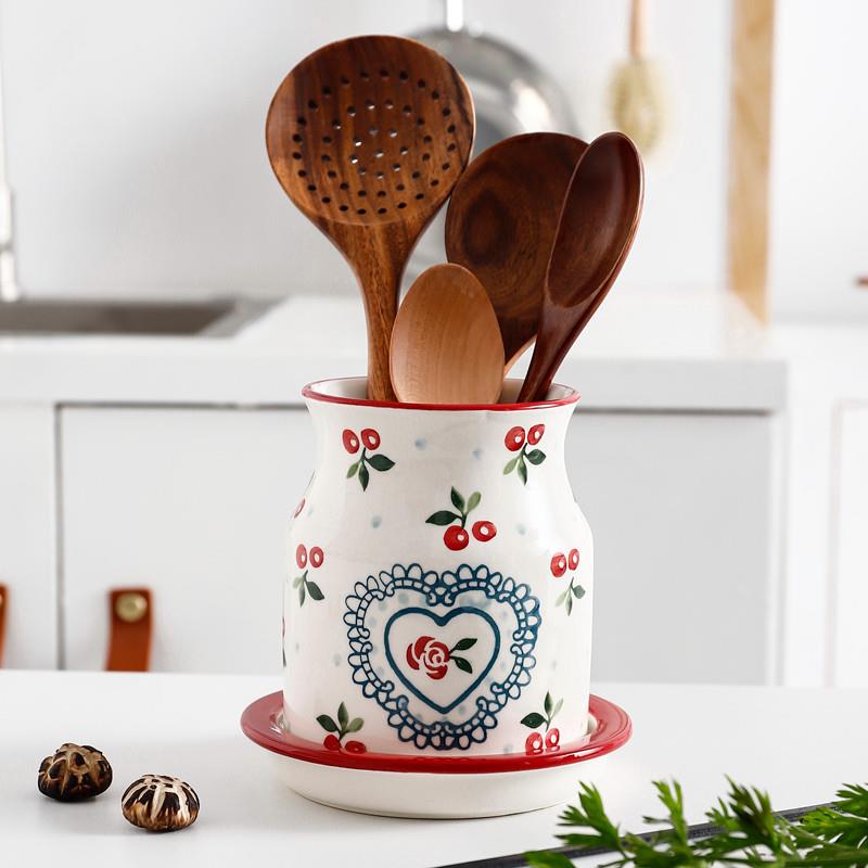 日式可爱筷子笼樱桃家用筷子置物架陶瓷筷子筒沥水厨房筷子收纳盒