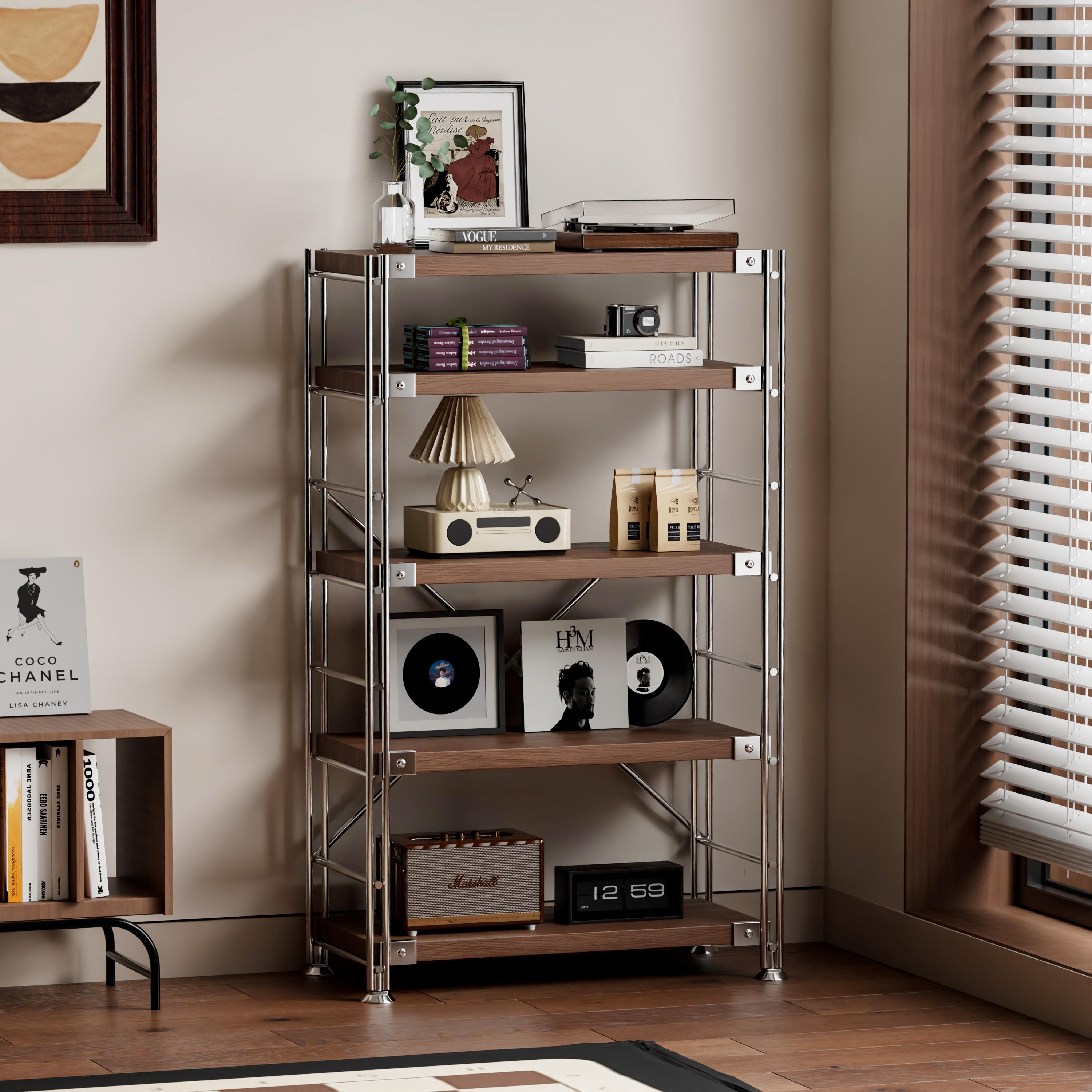 日式钢木置物架落地多层客厅阳台置物架书架家用厨房微波炉收纳层