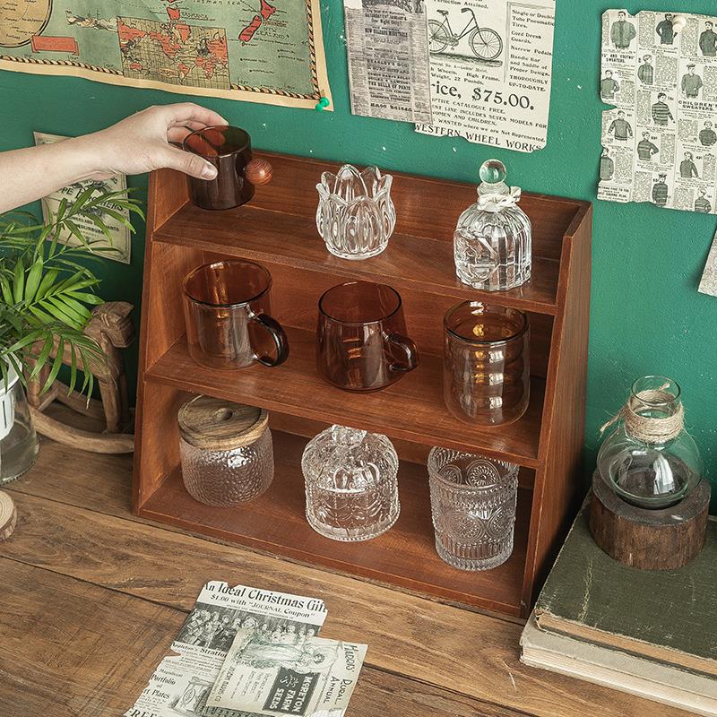 木质杯子收纳盒复古办公室客厅茶具水杯玻璃杯桌面置物架展示架