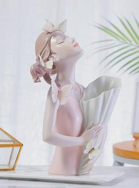 小清新蝴c蝶女孩捧花抱花插树脂工艺品摆件客厅茶几电视柜卧室装