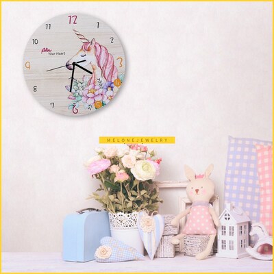 toon Circular nicorn Wall Clock Kids Wooden Silent Rel.oj de