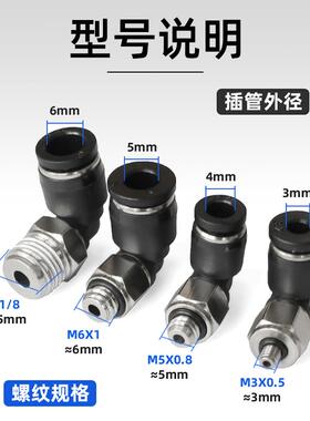 气管快速接头气动微型迷你螺纹直通PC弯头PL外牙M3/M5/M6/M8/M10