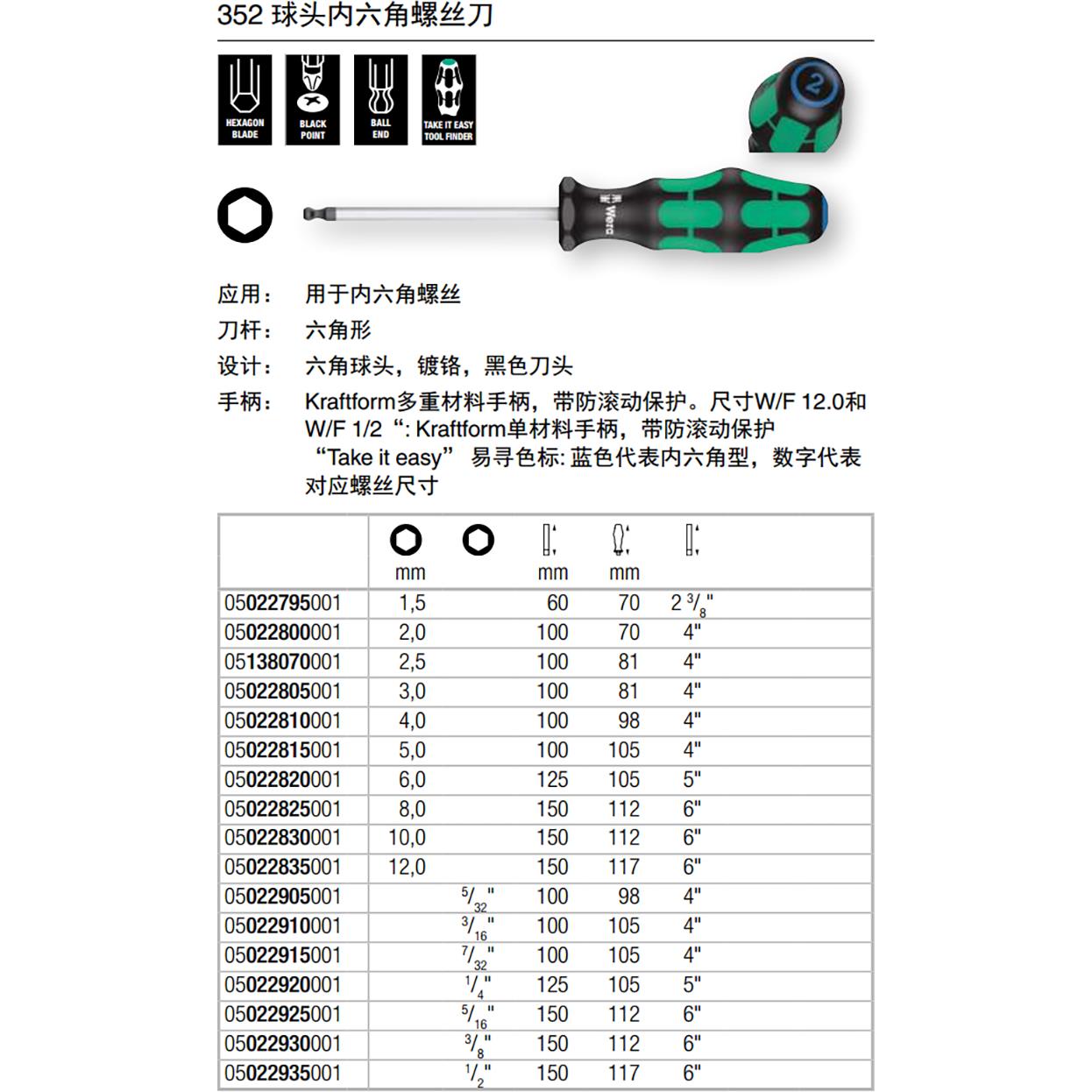 德国Wera维拉352内六角球头螺丝刀