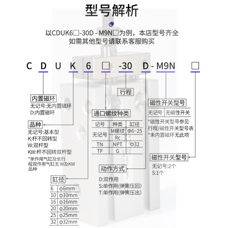 自由安装气缸小型气动CDUK/CDU6/10/16/20/25-5DX10D带导杆不旋转