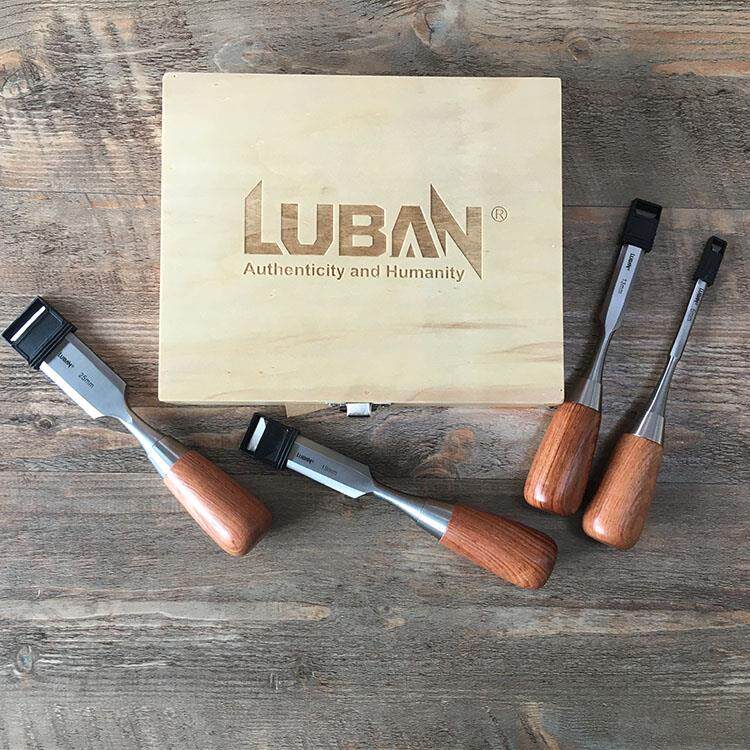 LUBAN 4只套短款木凿 扁凿 铬钒钢刀杆 花梨木柄 木盒装凿子