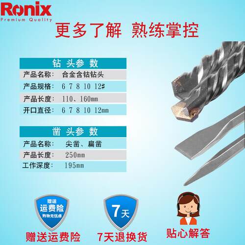 罗尼克斯Ronix 建工钻头 电锤钻头尖凿扁凿四坑圆柄 工业级钻头