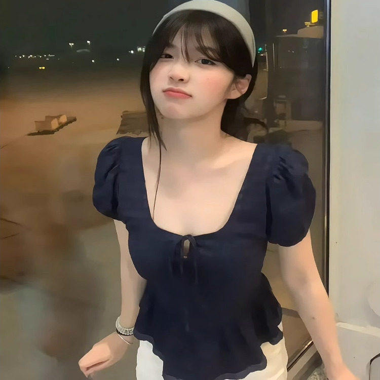 大尺码胖MM纯欲风甜辣蕾丝边系带衬衫女夏季收腰显瘦绝美泡泡袖上