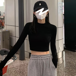 上衣 辣妹修身 显瘦正肩长袖 T恤女秋冬小众内搭白色打底衫 别致短款