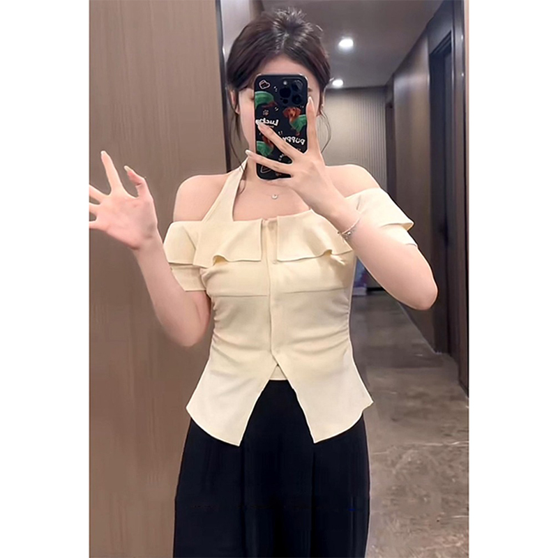 大码一字领衬衫短袖夏季微胖mm