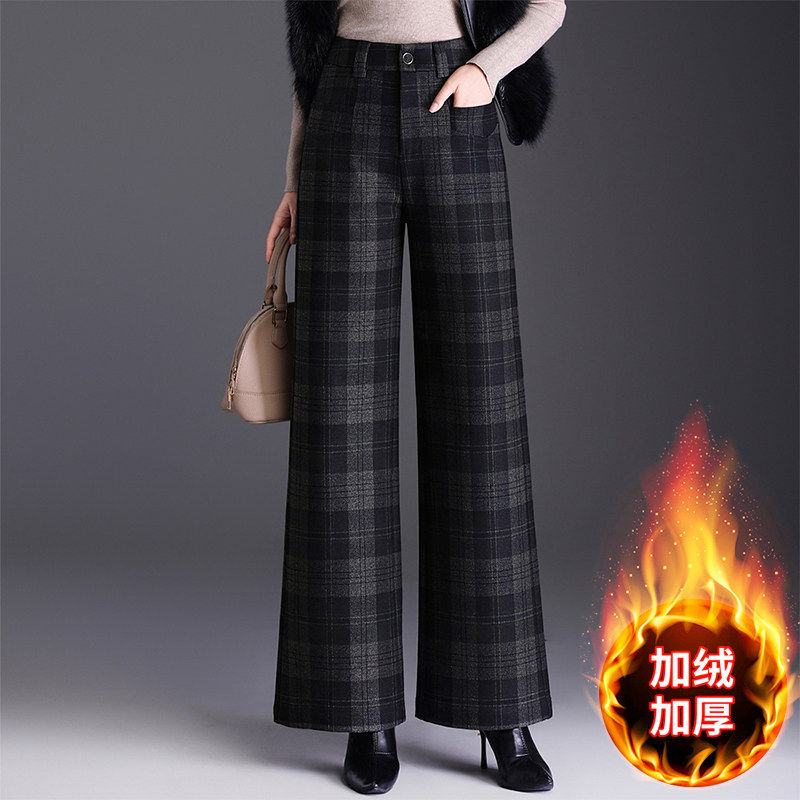 加绒复古格子毛呢阔腿裤女秋冬高腰显瘦女士裤子长裤直筒休闲裤,女装/女士精品,休闲裤,淘宝优惠券,粉丝福利购,淘宝优惠卷