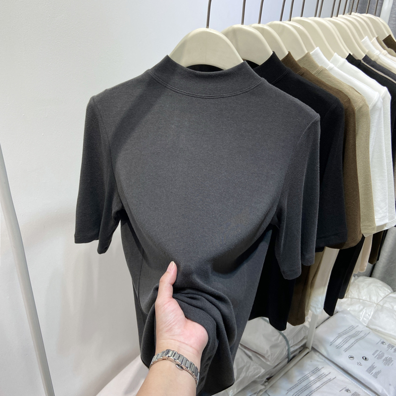 半高领五分袖打底衫t恤女2025春秋新款修身显瘦内搭中袖立领上衣