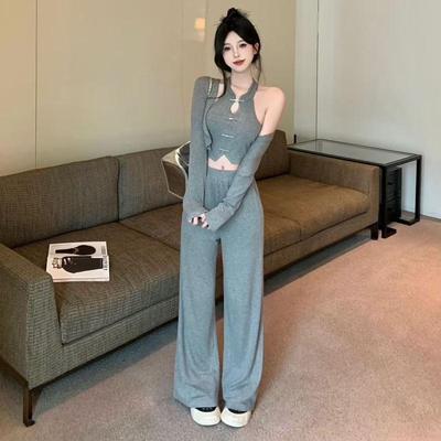 小个子长袖外套阔腿裤三件套休闲