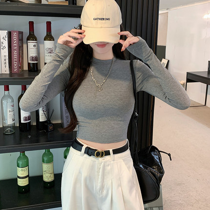 设计感小众正肩长袖T恤女春秋冬内搭短款打底衫辣妹修身显瘦上衣